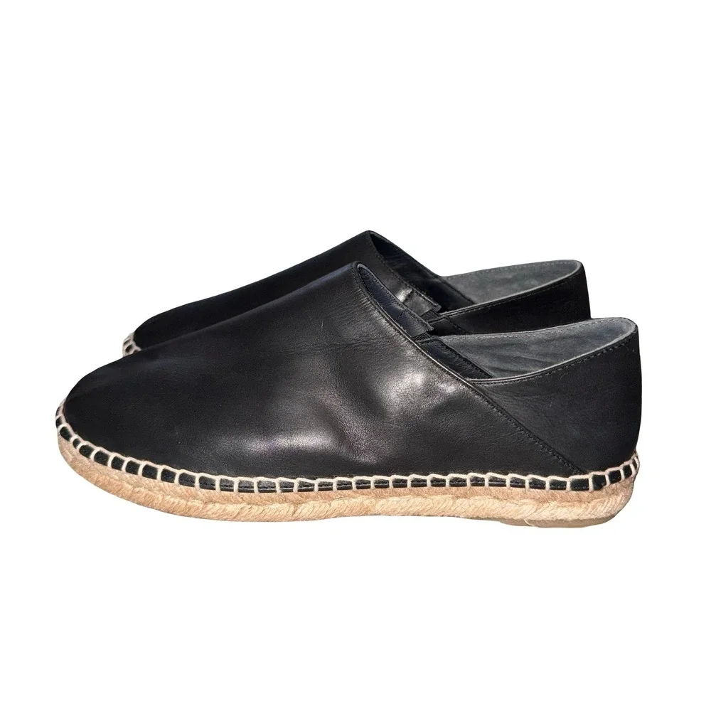 Vince Black Leather Espadrille Flats old money Slip On Shoes Sz 6‎ Made in Spain